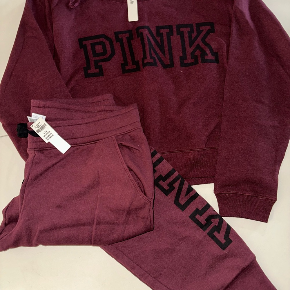New PINK Victoria's Secret Burgundy Maroon Sweatshirt & Joggers Size LARGE NWT